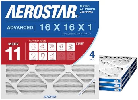 Aerostar 16x16x1 MERV 11-4 Count - Pleated HVAC, Furnace & Air Conditioner Filters - Removes Dust, Cold & Flu Germs, Lint, Mold, Pet Dander, Allergy-Causing Pollen, Smog & Smoke by AirFiltersDelivered