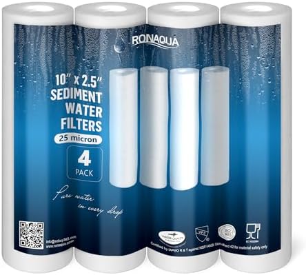 Ronaqua 25 Micron Sediment Water Filter Cartridge 10"x2.5", NSF Certified, 4-Layer Filtration for any 10-inch RO Units & Whole House Systems, Compatible with Culligan P5, AP110, WHKF-GD05, 4 Pack by Ronaqua