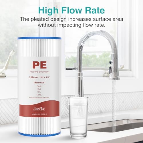 SimPure 10"x4.5" Pleated Sediment Water Filter, 5 Micron Whole House Water Filter Cartridge for Well Water Compatible with FXHSC, ECP20-BB, R50-BBSA, CB1-SED10-BB (4 Pack) - Image 4