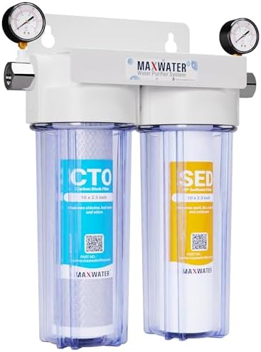 Max Water 2 Stage (Sediment, Odor & Improving Taste) Whole House 10 inch, Standard Water Filtration System with Pressure Gauge - Clear Housing - Sediment + CTO - ¾ Inlet/Outlet by MaxWater