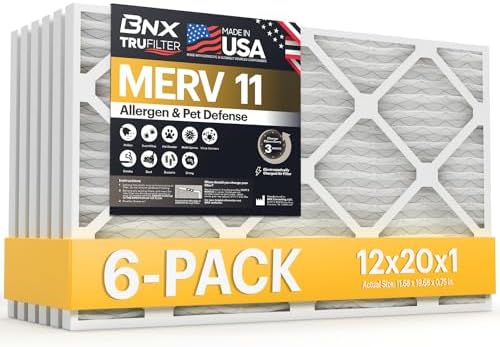 BNX TruFilter 12x20x1 Air Filter MERV 11 (6-Pack) - MADE IN USA - Allergen Defense Electrostatic Pleated Air Conditioner HVAC AC Furnace Filters for Allergies, Dust, Pet, Smoke, Allergy MPR 1200 FPR 7 by BNX