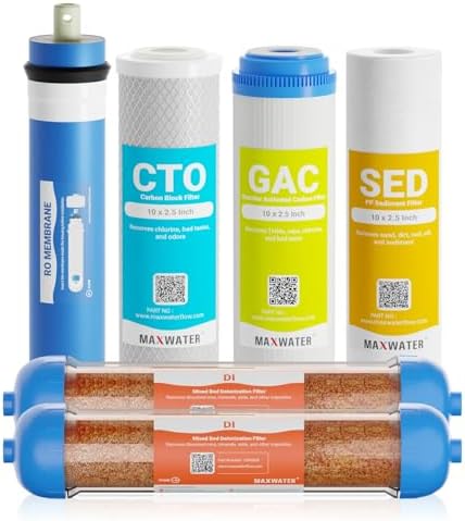 Max Water 6 Stage Reverse Osmosis RO DI Water Filter Replacement Kit for Aquarium w/ 1 Micron Polypropylene Sediment, GAC + CTO Carbon, 2x Mixed Bed RO DI, 50 GPD Membrane by MaxWater