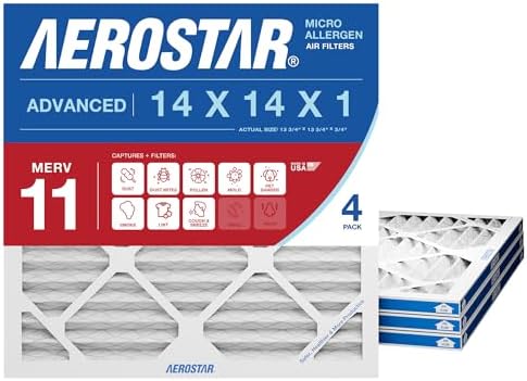 Aerostar 14x14x1 MERV 11-4 Count - Pleated HVAC, Furnace & Air Conditioner Filters - Removes Dust, Cold & Flu Germs, Lint, Mold, Pet Dander, Allergy-Causing Pollen, Smog & Smoke by AirFiltersDelivered