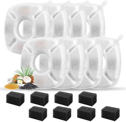 16 Pcs Cat Fountain Replacement Filters 8 Pack Cat Water Fountain Replacement Filters with 8 Pack Pre-Filter Sponges, Pet Fountain Filter Fit for 95oz/2.8L Automatic Pet Fountain Cat Water Fountain by Porens