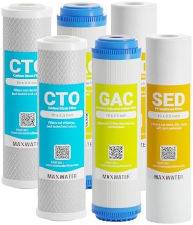 Max Water 5 Micron Replacement 10 x 2.5 inch Filter Cartridge Set For Standard RO Reverse Osmosis Water Filter Systems - PP Sediment, GAC & CTO Compatible with GAC-10, AP110, WHKF-GD05, WHKF-WHWC by MaxWater