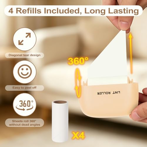 Disposable Mini Lint Roller with 4 Refills, CreamyYellow | Portable, Easy Tear Residue-Free, Pocket-Sized for Travel Clothes, Furniture, Carpets, Pet Hair Remover, Fits in Wallet Bag - Image 5