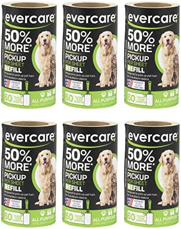 Evercare Pet Lint Roller Refill, Manual Operation, 60 Sheets per Roll, 6 Count Refill Pack for Pet Hair Removal, Green by Evercare