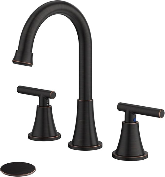 Bathroom Faucets for Sink 3 Hole, Hurran Oil Rubbed Bronze Bathroom Sink Faucet with Pop-up Drain and Supply Lines, Stainless Steel Lead-Free Widespread Faucet for Vanity RV Farmhouse