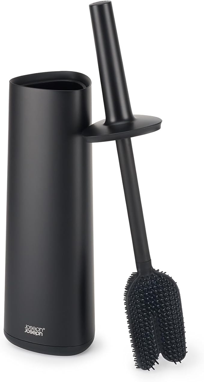 Joseph Joseph Flex 360, Advanced Smart Toilet Brush and Storage Holder Set with Anti-drip, Anti-Clog, Triple-Action Replaceable Brush Head, Matt Black