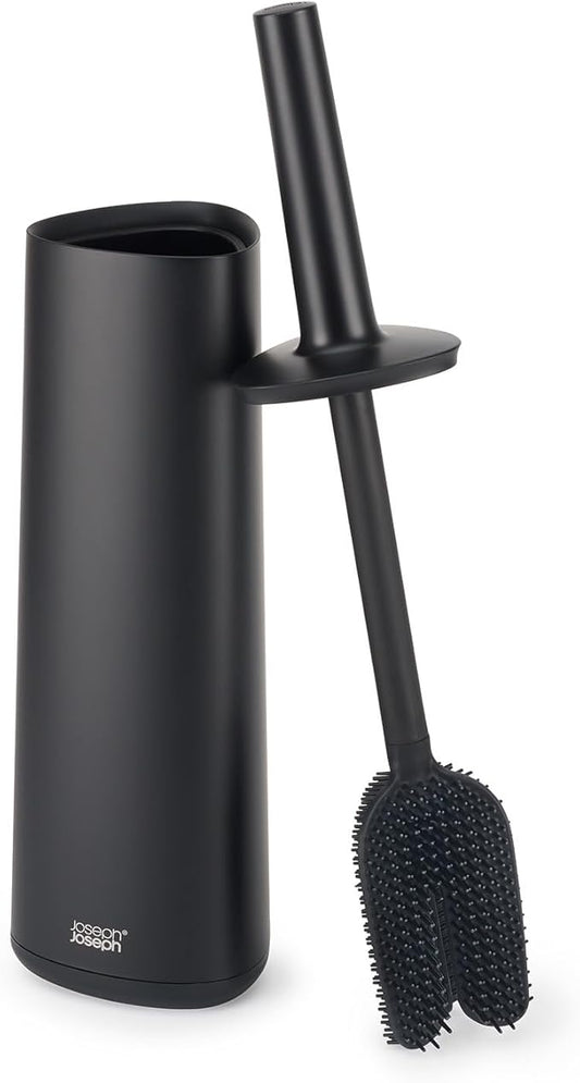 Joseph Joseph Flex 360, Advanced Smart Toilet Brush and Storage Holder Set with Anti-drip, Anti-Clog, Triple-Action Replaceable Brush Head, Matt Black
