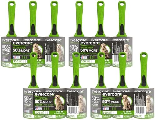 Evercare Pet Hair Lint Rollers All Purpose Use 100 Easy-Tear Sheets Per Roll Reusable Sticky Roller Pets Cat & Dog Hair Remover Contoured Handle for Furniture Clothing & Cars, Green (Pack of 12) by Evercare
