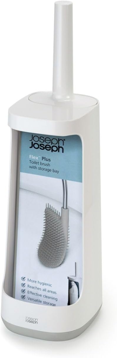 Joseph Joseph Flex Plus - Smart Hygienic Silicone Toilet Brush with Storage Bay Caddy, flexible, anti-drip, anti-clog deep clean head - Large, White/Grey
