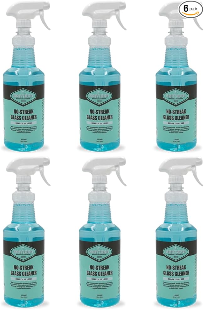 Santeen No-Streak Glass Cleaner, 6-Pack, 32oz Bottle with Trigger Sprayer, Professional Formula
