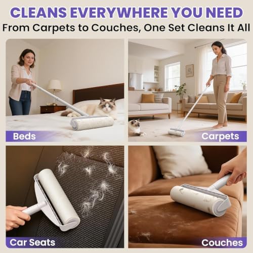 DELOMO 9.45” Large Lint Roller for Pet Hair, Long & Short Handles, 2 Packs | 360 Extra Sticky Sheets Total, Long Handle for No-Bend Cleaning Floors & Carpets, Short Handle for Couches & Furniture - Image 3
