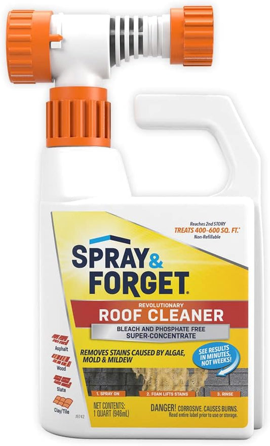 Spray & Forget Super Concentrated Revolutionary Roof Cleaner, 1 Qt. Hose-End Bottle - Cleans Algae, Mold & Mildew Stains, Use on Asphalt, Wood, Slate, Clay & Tile Shingles, Yellow (SF150)