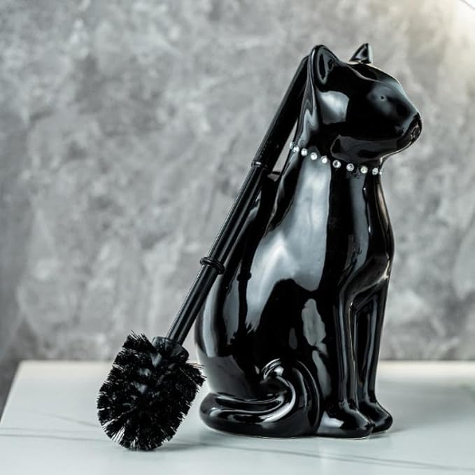 Comeon Ceramic Cat White/Black Toilet Brush and Holder Set, Plastic Handled Scrub Brush for Bathroom Cleaning,10.63"*6.3" (Black)