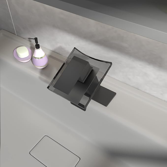 BWE Black Bathroom Faucet,Glass Waterfall Bathroom Faucet One Hole,Single Handle Modern Vanity Sink Faucets, Lavatory Basin Bath Mixer Tap Deck Mounted with Supply Lines