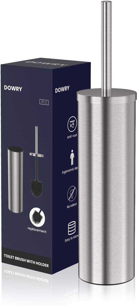 DOWRY Stainless Steel Freestanding Toilet Bowl Brush and Holder with Long Handle for Bathroom Storage Organization,Sturdy Deep Cleaning Toilet Bowl Cleaner Brush,Nickel Brushed SS304-3