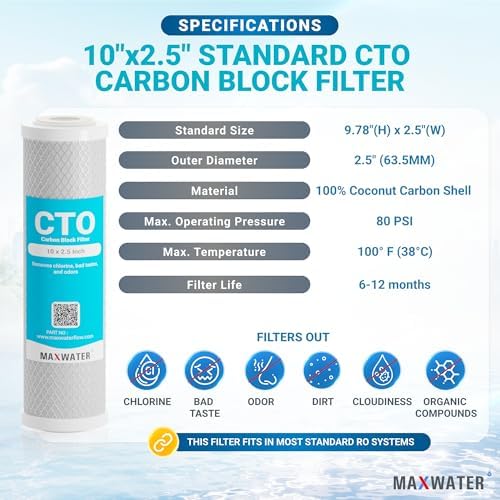 Max Water 5 Micron 10 x 2.5 Whole House CTO Carbon Sediment Water Filter Cartridge Compatible with DuPont WFPFC8002, WHEF-WHWC, WHCF-WHWC, FXWTC, SCWH-5, CTO10, 10-Pack - Image 2