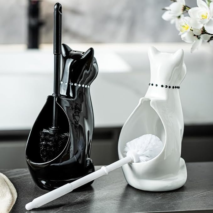 Comeon Ceramic Cat White/Black Toilet Brush and Holder Set, Plastic Handled Scrub Brush for Bathroom Cleaning,10.63"*6.3" (Black)