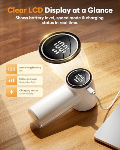 Fabric Shaver, Lint Remover Rechargeable,6-Blade Lint Remover | LCD Display & 3 Speeds, Portable for Clothes, Sweaters, Couches, Blankets, Includes 3 Replacement Blades, Pearl white - Image 4