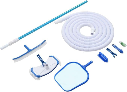 9-Piece Pool Maintenance Kit, White Blue ABS Aluminum, 24.6 ft Hose, Weighted Vacuum for Above Ground Swimming Pools, Outdoor Cleaning Tools
