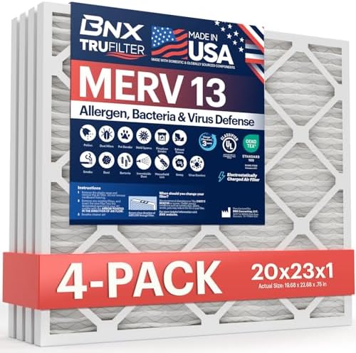 BNX TruFilter 20x23x1 Air Filter MERV 13 (4-Pack) - MADE IN USA - Electrostatic Pleated Air Conditioner HVAC AC Furnace Filters for Allergies, Pollen, Mold, Bacteria, Smoke, Allergen, MPR 1900 FPR 10 by BNX