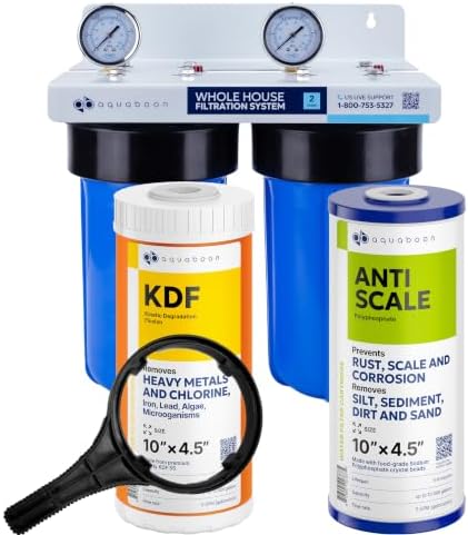 Aquaboon 2-Stage Whole House Water Filter System with 5 Micron 10x4.5 Sediment/Anti-Scale and KDF Heavy Metals Water Filter Purification Cartrige, Pressure Gauges, Wrench, Bracket by Aquaboon