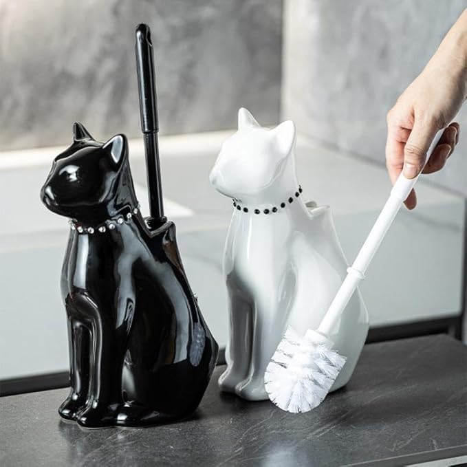 Comeon Ceramic Cat White/Black Toilet Brush and Holder Set, Plastic Handled Scrub Brush for Bathroom Cleaning,10.63"*6.3" (Black)