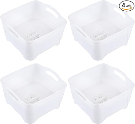 Teyyvn 4 Packs White Wash and Drain Dish Tub, 11.8" x 11.8" x 6.9"