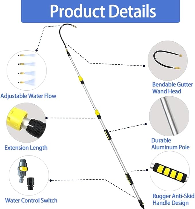 25FT Reach Telescopic Gutter Cleaning Tools from Ground,11FT Rain Gutter Cleaners Tool for Clean Leaves and Debris,Long Reach Cleaning Wand with Hose Attachment and Connection Adapter