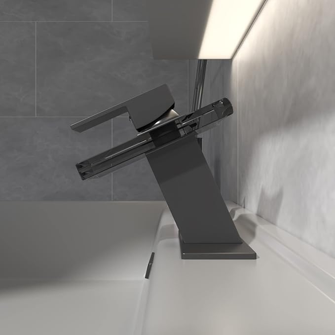 BWE Black Bathroom Faucet,Glass Waterfall Bathroom Faucet One Hole,Single Handle Modern Vanity Sink Faucets, Lavatory Basin Bath Mixer Tap Deck Mounted with Supply Lines