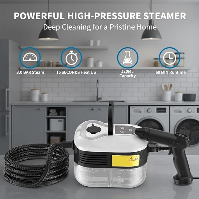 Handheld Steam Cleaner: 2500W High Temperature Pressurized Steamer with 6 Adjustable Levels - Portable Multi-Surface Steam Cleaning Machine for Kitchen, Bathroom, Furniture, Car, Windows (White)
