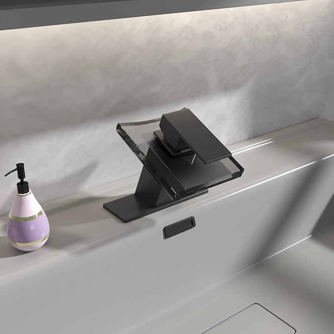 BWE Black Bathroom Faucet,Glass Waterfall Bathroom Faucet One Hole,Single Handle Modern Vanity Sink Faucets, Lavatory Basin Bath Mixer Tap Deck Mounted with Supply Lines