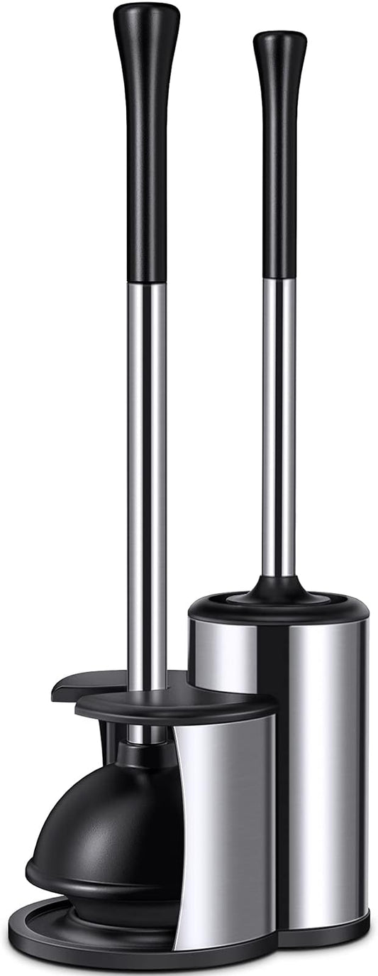 HAMITOR Toilet Plunger Bowl Brush Set: Hideaway Heavy Duty Toilet Plunger Scrubber Cleaner Holder Combo for Bathroom with Covered Caddy Hidden Elongated Discreet Apartment Plunger Brush Accessories