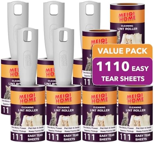 MEIQIHOME Lint Rollers for Pet Hair Extra Sticky, 1110 Sheets Mega Value Set Lint Roller with 5 Upgraded Handles, 10 Rollers Portable Pet Lint Roller for Clothes, Furniture, Dog & Cat Hair Removal by MEIQIHOME