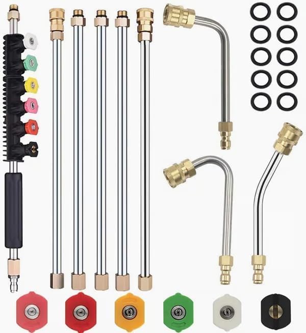 Washer Extension Wand Set, Pressure Washer Tips 9 PCS Gutter Cleaning Tools with 6 Nozzle Tips, 30°,90°,120° Curved Rod, 1/4" Quick Connect, 4000 PSI