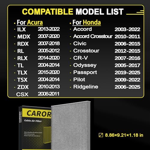 CARORY Cabin Air Filter w/Activated Carbon for Honda Accord 2003?€?2022, Civic 2006?€?2015, CR-V 2007?€?2016, Odyssey 2005?€?2017, Pilot 2009?€?2022, Ridgeline 2006?€?2025, Acura MDX 2007?€?2020, and More, CF134 - Image 3