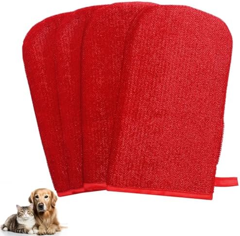 4 Pcs Pet Hair Remover Glove Red Pet Fur Removal Mitt Reusable Easy Cleaning Lint Fur Dander Glove for Furniture Clothing by Acellegic