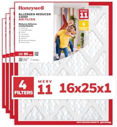Honeywell 16x25x1 MERV 11 Allergen Reducer 11000 Electrostatic Pleated HVAC AC Furnace Air Filter (4-Pack) | Replacement Filter for Home Use | Made in USA by HoneywellAirComfort