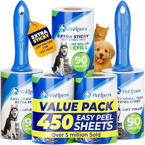 PetLovers Extra Sticky Lint Roller Mega Value Set 450 Sheets for Pet Hair Removal and Clothes, Dog and Cat Lint Remover 5 Pack by PetLovers