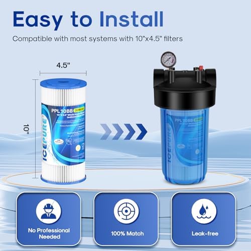 ICEPURE 20 Micron 10" x 4.5" Whole House Extra Coarse Pleated Sediment Filter for Well Water, Replacement Cartridge for GE FXHSC, DuPont WFHDC3001, R50-BB, Culligan R50-BBSA, W50PEHD, 1Pack - Image 2