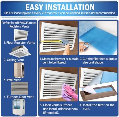 UBeesize Air Vent Filters, 12" x 90" Cut to Size Air Filter Material (35+ Filters), MERV 8 Triple Vent Filter Kit for Home Floor, Grilles, Ceiling, HVAC Furnace Vent, With 48PCs Adhesive Hook Tape - Image 4