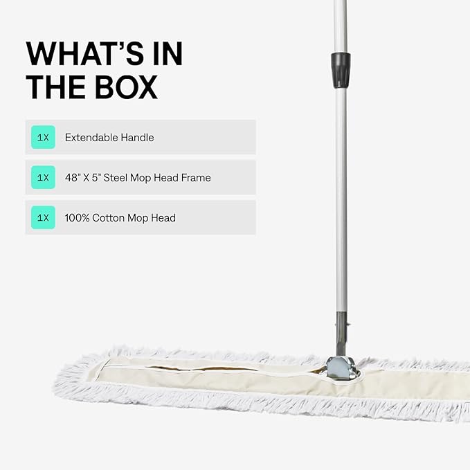 Commercial Dust Mop – 48 Inch Floor Sweeper for Hardwood, Reusable Cotton Mop Head, Extendable Handle, Dry Mop for Floor Cleaning & Janitorial Supplies