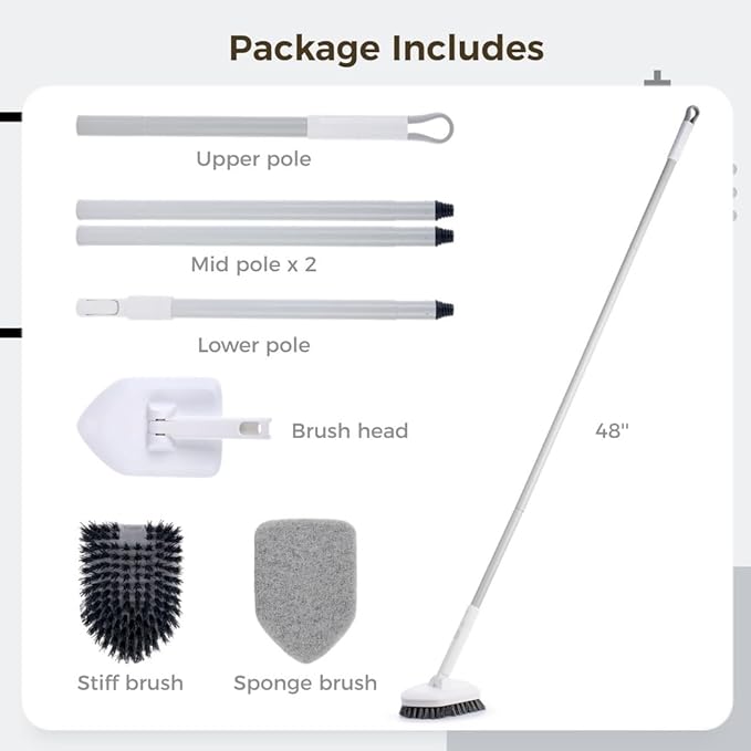 2 In 1 Tub And Tile Scrubber, Bathroom Tile Cleaner, 180-Degree Rotating Scrubber, Extendable Bath Cleaning Scrubber Tool With Long Handle