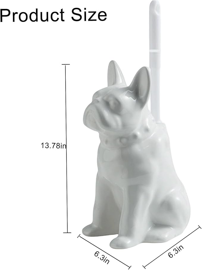 Comeon Ceramic Dog White/Black Toilet Brush and Holder Set, Plastic Handled Scrub Brush for Bathroom Cleaning,13.7"*6.3" (White)