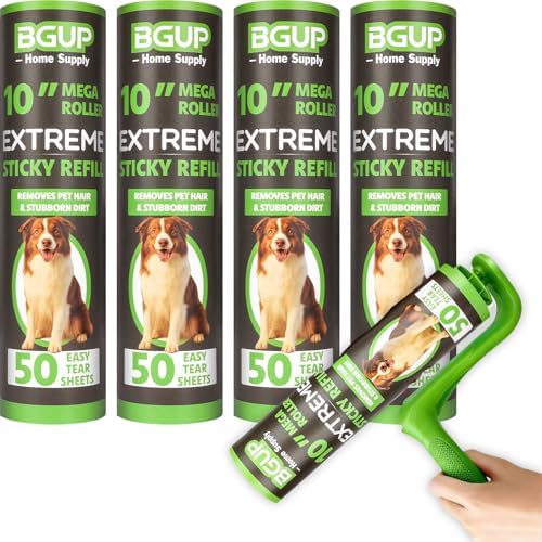 10 Inch Lint Roller Refills, 4 Rolls 200 Sheets Large Lint Rollers for Pet Hair Extra Sticky, Easily Remove Carpets, Clothes, Couch and Curtains Dust (Not Include Lint Roller Handle) by BGUP