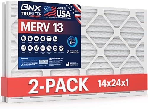 BNX TruFilter 14x24x1 MERV 13 (2-Pack) AC Furnace Air Filter - MADE IN USA - Electrostatic Pleated Air Conditioner HVAC AC Furnace Filters - Removes Pollen, Mold, Bacteria, Smoke by BNX