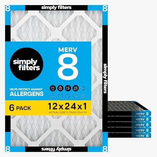 Simply 12x24x1 Air Filter, MERV 8, 6 Pack, For Home AC Furnace & HVAC (Actual Size: 11.75"x23.75"x0.75") DUST, Pet, & Allergy Control by SimplyFilters