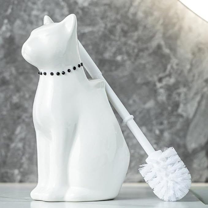 Comeon Ceramic Cat White/Black Toilet Brush and Holder Set, Plastic Handled Scrub Brush for Bathroom Cleaning,10.63"*6.3" (White)